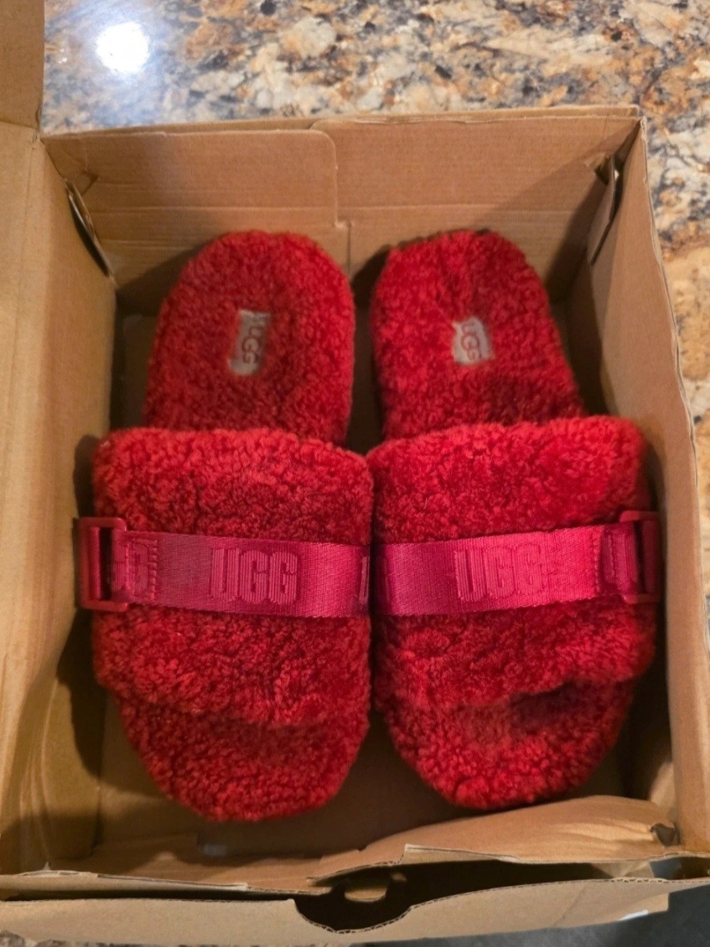 UGG Red Shearling Strap Slide Slippers
